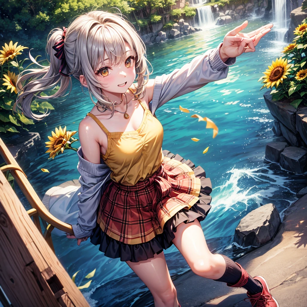 Red, brown, gold, gold hair、Golden Eyes、Hair tied up、One good looking girl、solo、anime、Checkered mini skirt、Ruffles on the skirt、camisole、Lightweight cardigan、Black knee-high socks、Wearing a baseball cap、Ribbon、Ribbon on waist、Teeth are visible、Silver coin necklace、From above、Sunflower Tunnel、Cobblestones、waterfall、Have sunflowers、Starry Sky、Midnight Moon、Winding Road、Unlocking、suspension bridge、Soap bubbles are flying