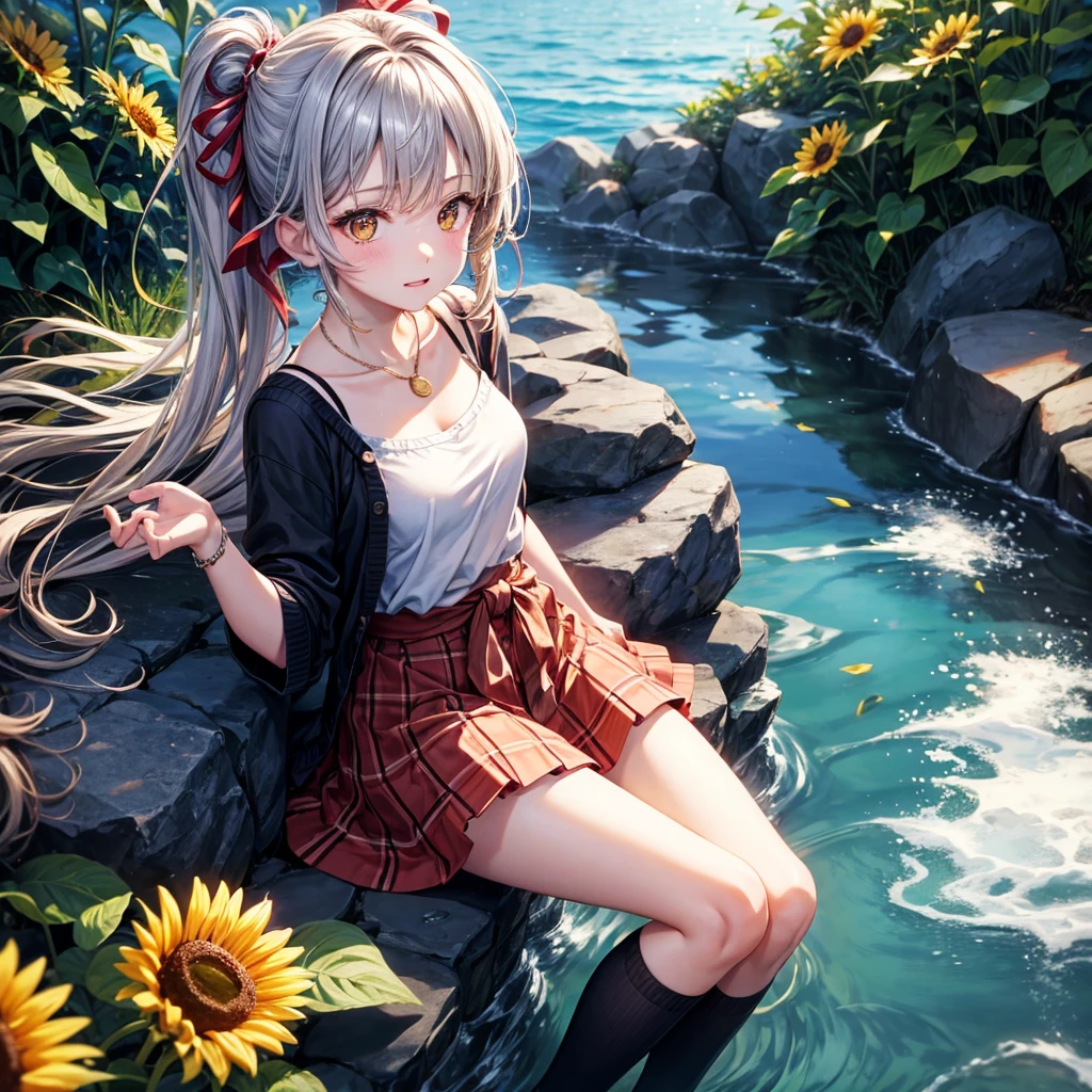 Red, brown, gold, gold hair、Golden Eyes、Hair tied up、One good looking girl、solo、anime、Checkered mini skirt、Ruffles on the skirt、camisole、Lightweight cardigan、Black knee-high socks、Wearing a baseball cap、Ribbon、Ribbon on waist、Teeth are visible、Silver coin necklace、From above、Sunflower Tunnel、Cobblestones、waterfall、Have sunflowers、Starry Sky、Midnight Moon、Winding Road、Unlocking、suspension bridge、Soap bubbles are flying