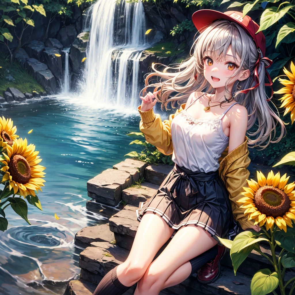 Red, brown, gold, gold hair、Golden Eyes、Hair tied up、One good looking girl、solo、anime、Checkered mini skirt、Ruffles on the skirt、camisole、Lightweight cardigan、Black knee-high socks、Wearing a baseball cap、Ribbon、Ribbon on waist、Teeth are visible、Silver coin necklace、From above、Sunflower Tunnel、Cobblestones、waterfall、Have sunflowers、Starry Sky、Midnight Moon、Winding Road、Unlocking、suspension bridge、Soap bubbles are flying