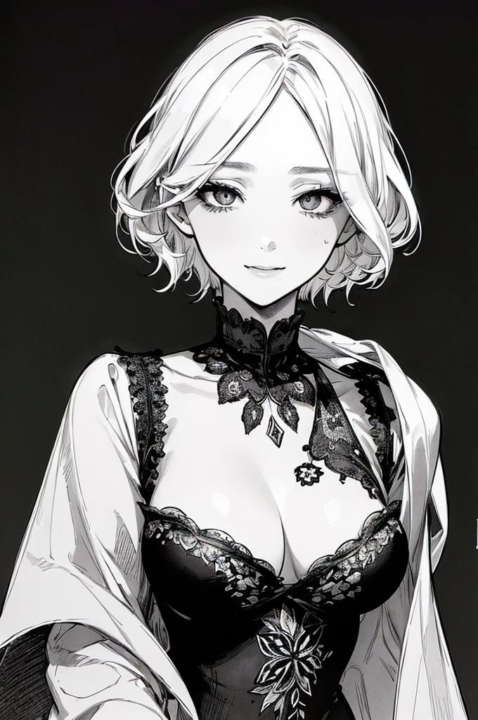 masterpiece、8K、Highest quality, (Background details), High Contrast, Very beautiful woman, Detailed original illustration、Detailed shading、mad Men、Dark circles under the eyes、Short Hair、One eye is hidden by hair、functional、Delicate face、Charm、Villainess、sexy、Real breasts、Crazy Smile, Crazy Eyes,、Head close-up, Black background, (Black background: 1.5), Beautiful line art、Monochrome