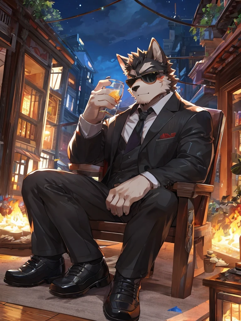 embedding:Black wolf,male, Scar on the face, Single Person,black fur,Black tattoo on his arm.Eyebrow studs,Broken eyebrow,black Sunglasses,Mob boss,Gangsters,Black suit,Leather shoes,A dark scene,Black tone,Dark style,In a luxury building,Behind it is a large glass.Sitting in the villa,Overbearing,A sense of oppression,Best quality hands, best quality eye,detailed fur,Delicate eyes.Extreme picture quality,by sollyz,by zixiong,by milkytiger1145