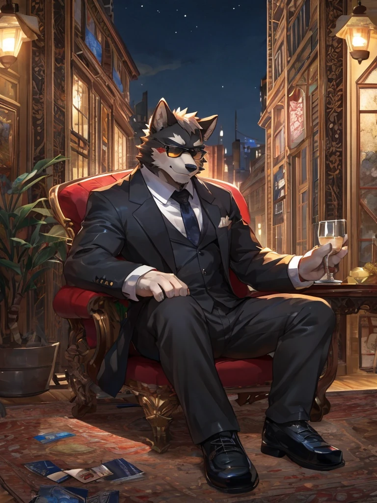 embedding:Black wolf，male, Scar on the face, Single Person,black fur,Black tattoo on his arm.Eyebrow studs,Broken eyebrow,black Sunglasses,Mob boss,Gangsters,Black suit,Leather shoes,A dark scene,Black tone,Dark style,In a luxury building,Behind it is a large glass.Sitting in the villa,Overbearing,A sense of oppression,Best quality hands, best quality eye，detailed fur，Delicate eyes.Extreme picture quality，by sollyz,by zixiong,by milkytiger1145