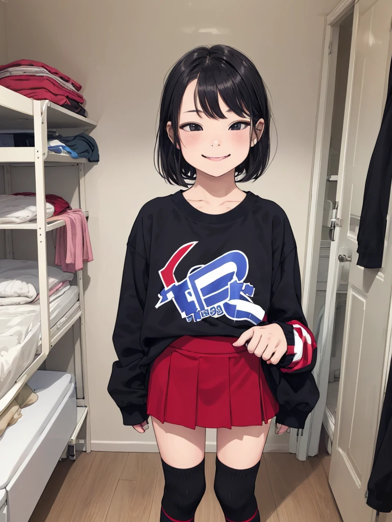 1girl,,,my room,,standing,long sleeves,miniskirt,looking viewer,(smirk),socks