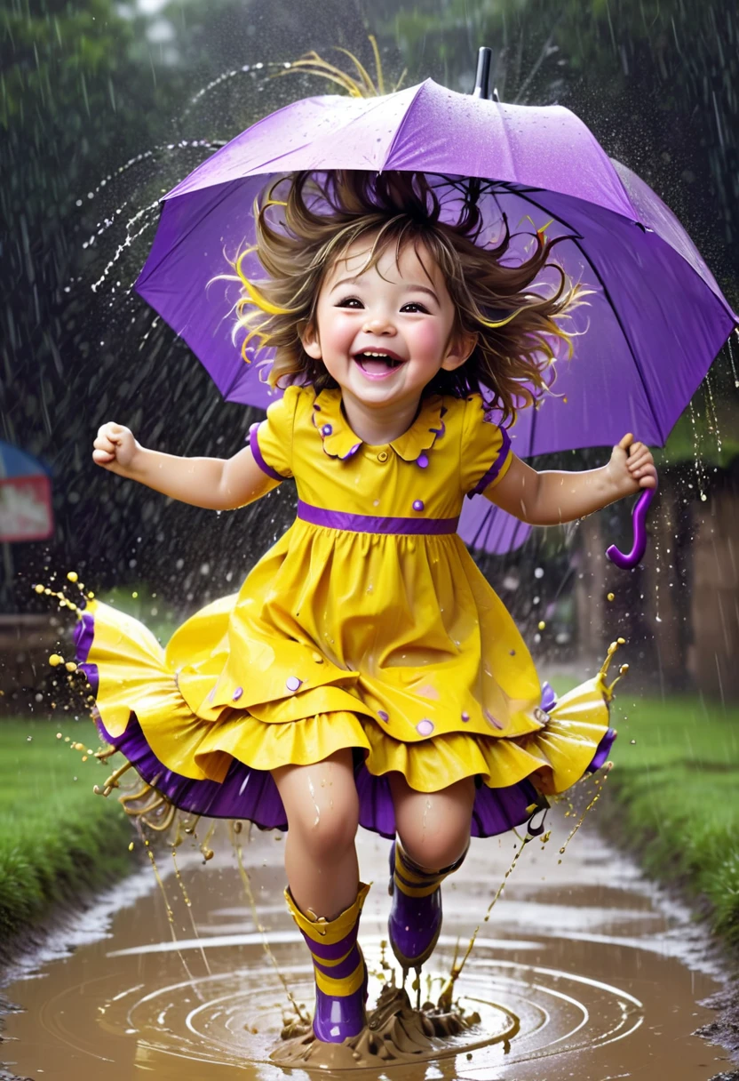 

create a fractal masterpiece of a digital art creation of a cute laughing  with messy hair, wearing a yellow and purple layered dress, jumping in a muddy puddle, with rain effects and an umbrella