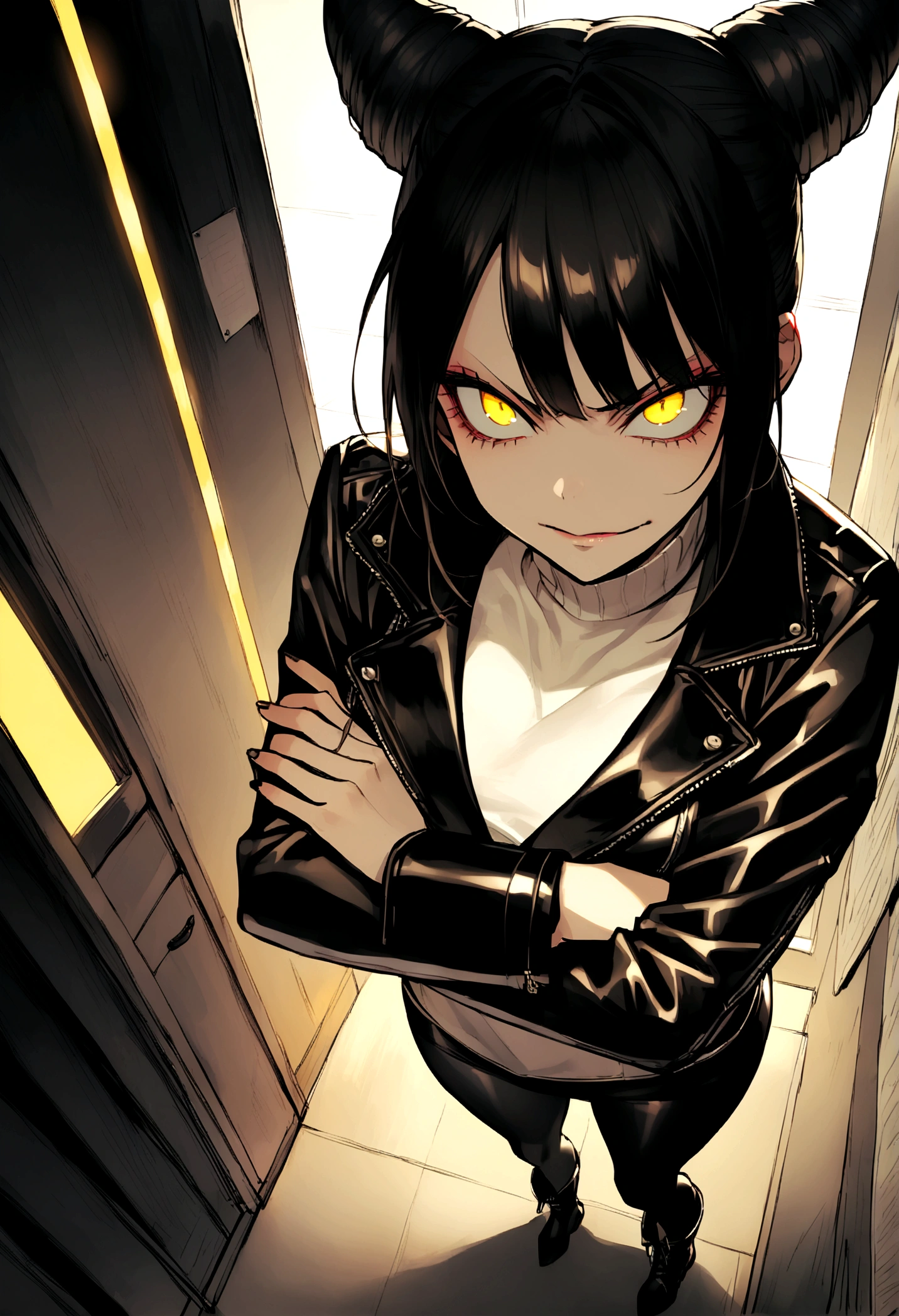 juri han,beautiful young warrior , with a very detailed and beautiful face, beautifuleyes, beautifuleyes, gorgeous face, beautiful young woman wearing long black leggings with black details, usando leather jacket preta, Standing in an office, wearing black boots, horn hair, with black fringe, , evil smile ,white sweater with strap around, serious look,usando leather jacket preto, leather jacket,staring overhead,yellow lighting, evil smile,crossed arms