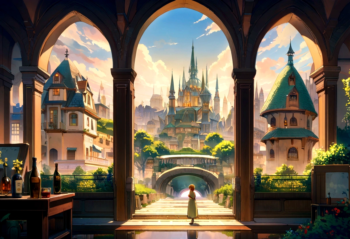 A highly detailed anime-style still art, Ghibli studio style, masterpiece, official art, professional, ((ultra-detailed)), 8k, ((Not show people)), antastical city contained. The city should feature intricate buildings with spires and towers, surrounded by lush greenery and tiny bridges. Place the glass bottle on a wooden table, with sunlight streaming through a nearby window, casting magical reflections and highlights on the bottle and the city inside
