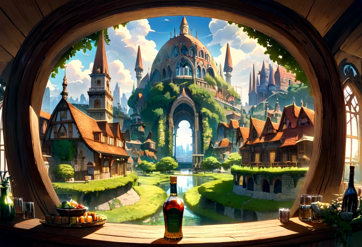 A highly detailed anime-style still art, Ghibli studio style, masterpiece, official art, professional, ((ultra-detailed)), 8k, ((Not show people)), antastical city contained. The city should feature intricate buildings with spires and towers, surrounded by lush greenery and tiny bridges. Place the glass bottle on a wooden table, with sunlight streaming through a nearby window, casting magical reflections and highlights on the bottle and the city inside