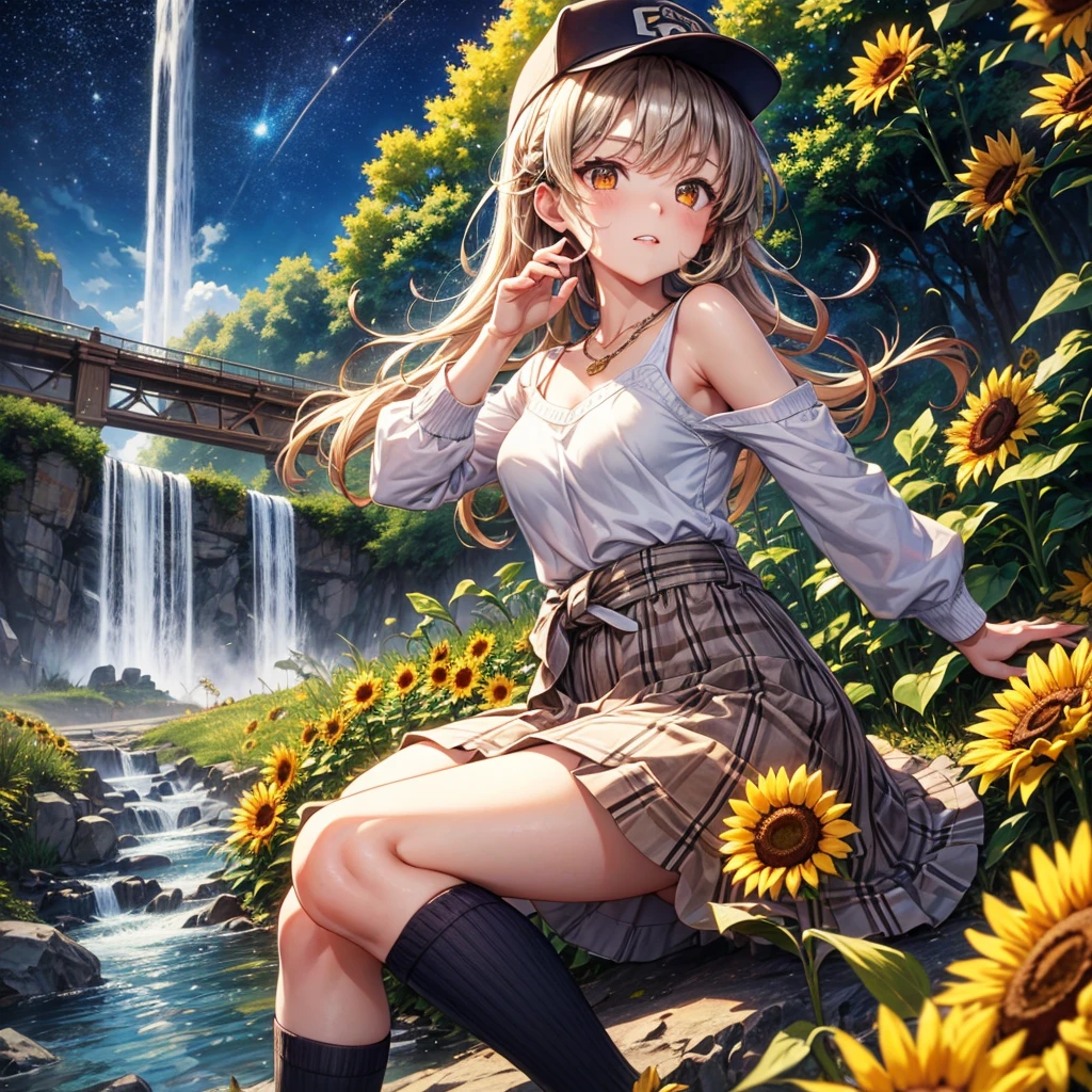 Red, brown, gold, gold hair、Golden Eyes、Hair tied up、One good looking girl、solo、anime、Checkered mini skirt、Ruffles on the skirt、camisole、Lightweight cardigan、school uniform、Black knee-high socks、Wearing a baseball cap、Ribbon、Ribbon on waist、Teeth are visible、Silver coin necklace、From above、Sunflower Tunnel、Cobblestones、waterfall、Have sunflowers、Starry Sky、Midnight Moon、Winding Road、Unlocking、suspension bridge、Soap bubbles are flying