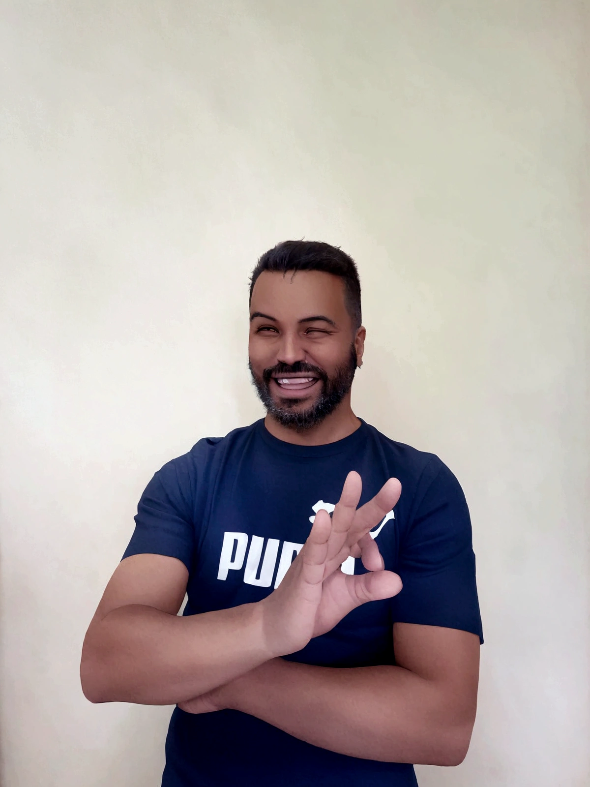 happy man with short beard talking about benefits