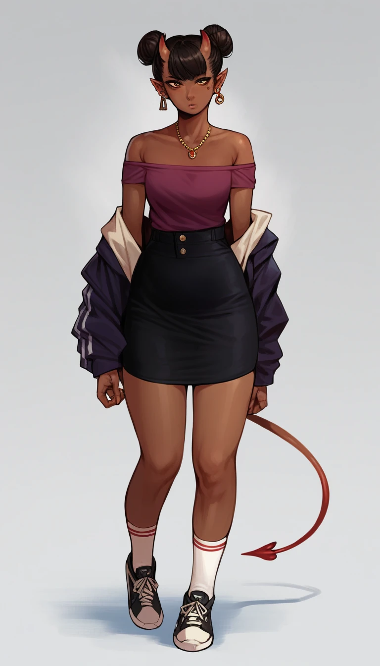 score_9, score_8_up, score_7_up, score_7, Expressiveh,best quality, masterpiece, ultra high resolution,
(demon:1:2), female, solo, jewelry, necklace, skirt, earrings, shoes, full_body, double_bun, sneakers, hair_bun, hands_on_hips, standing, dark_skin, dark-skinned_female, black_hair, socks, off_shoulder, strapless