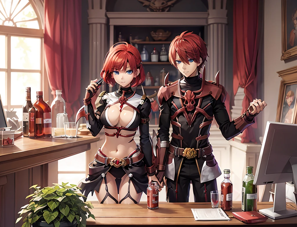 score_9, score_8_up, score_7_up, score_6_up, score_5_up, score_4_up, source_アニメ, Anime, 1 girl, red hair, short hair, blue eyes, Eyes glowing bright green, Abdominal pain, The light sparkles beautifully., Beautiful fair skin, Guillotine Cross Set - Ragnarok Online, Research Laboratory, sit, Medicine table, science glass, Hand holding a round red glass bottle of water, drink red juice, red nectar (Skull-shaped round bottle), Drug research is being done, medicine bottle, friendly, Magical light, Sharp picture, Beautiful detailed pattern