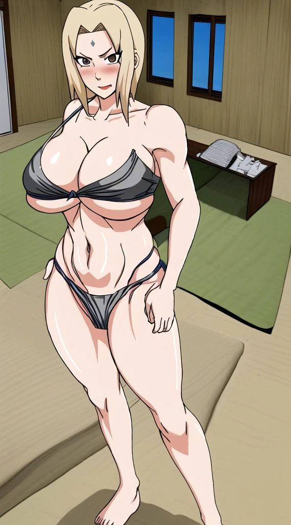 Masterpiece, highres, high Quality, detailed face, detailed body render, 1girl, solo, Himiko Toga , sliver metallic Thong underwear (1.4), large breasts, big breast, no bra, breasts out, show nipple, standing, blushes, (on bedroom), erotic emotion