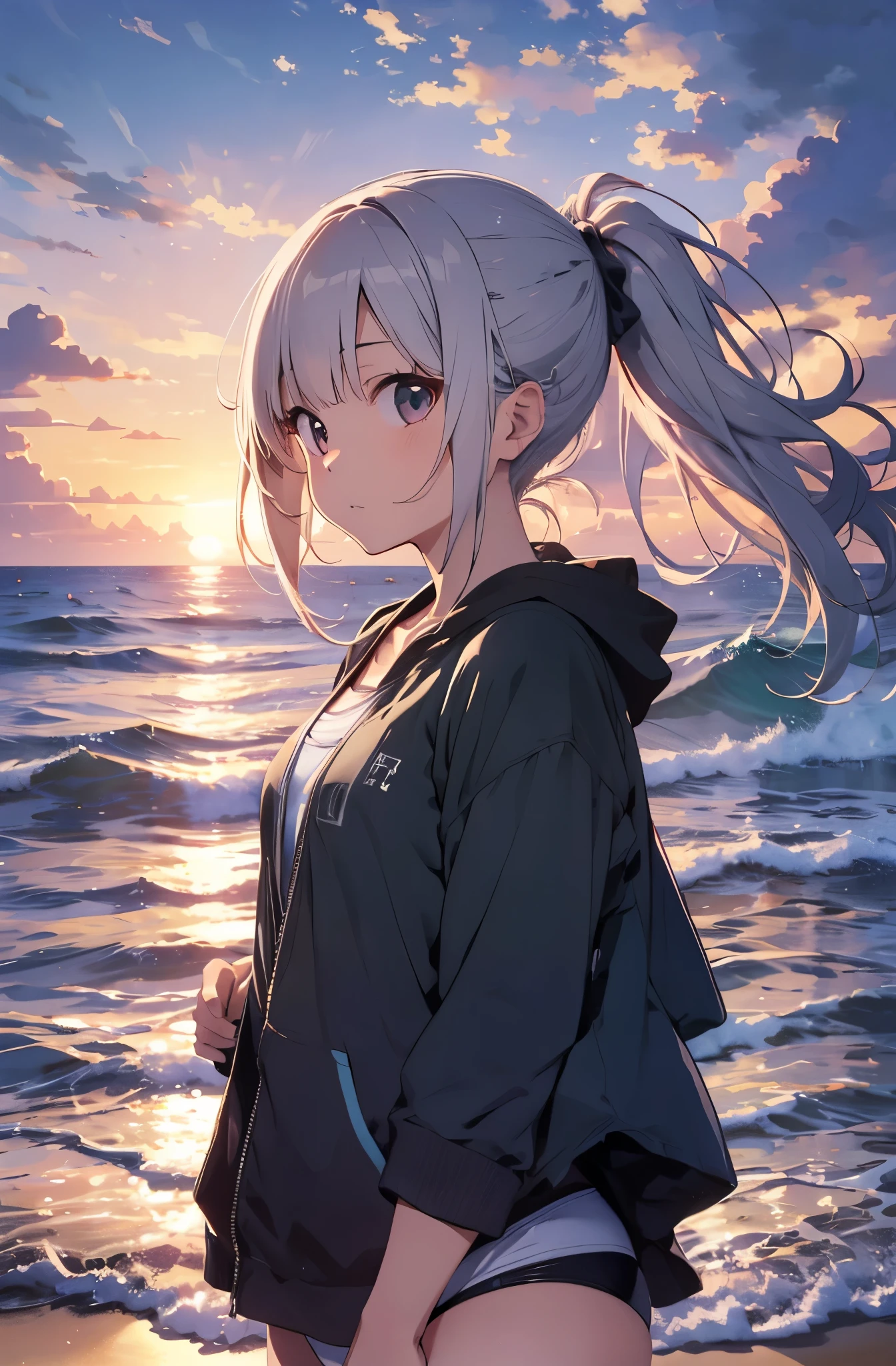 Silver-haired girl drawn in high resolution Japanese anime style、Standing alone on the white sand beach of a deserted island。She is wearing a gorgeous pink bikini.、Her hair is in a ponytail that sparkles in the light...。The sea in the background shines emerald green...、The beach is littered with shells and pebbles.、time々、Small waves gently wash up on the shore。Tropical wood々Swaying in the Wind、Mr...々Among the branches々Birds are singing..。wood々Colorful flowers blooming in abundance、The entire island is filled with abundant nature...。On the horizon of a distant sea、The setting sun casts a beautiful orange glow over the ocean.、It gives the whole place a mystical feel...。、Wakame seaweed、Wakame seaweed、Wakame seaweed、Wakame seaweed、Wakame seaweed、Wakame seaweed、