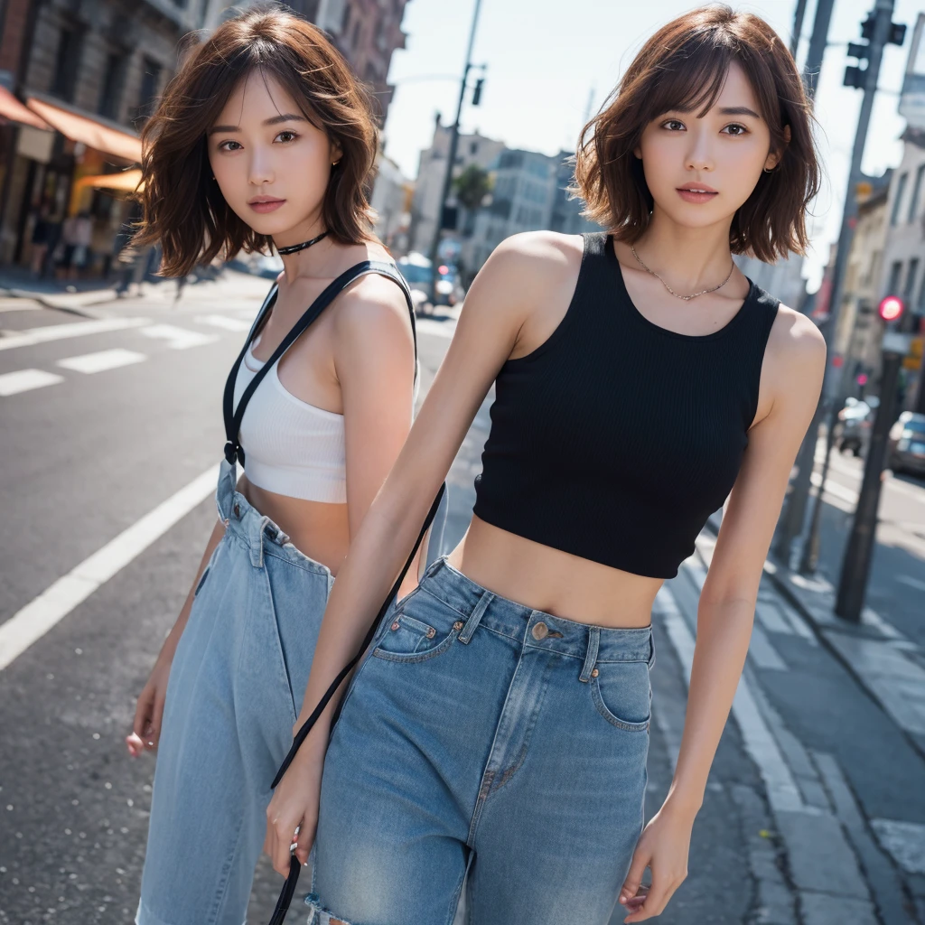 ((Mid-chest, Tomboy, Small Head)), Dawn, sunlight, (Trained abdominal muscles : 1.1), (Perfect body : 1.1), (Short Wavy Hair : 1.2) , Auburn Hair, collar, Lock, Full Body Shot, Crowded street, Wearing a black tank top, Jeans jacket, ((Shorts)), (Highly detailed CG 8K wallpaper), (Very delicate and beautiful), (masterpiece), (Highest quality:1.0), (ultra High resolution:1.0),  Beautiful lighting ,Perfect Lightning, Realistic Shadows, [High resolution], Detailed skin, Super detailed 