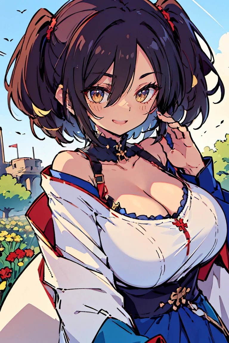 (masterpiece:1.2), (high quality:1.2), (hui xiyi:0.55)rekkyo sensen, rekkyou sensen, girls with((black hair, bangs, (one side up, long wavy hair:1.55), hand up, waving is hands, perfect hands, perfect fingers, (exposed breasts, tits cleavage, breasts close up:1.55), dress((suspenders, dress:0.65), (belt:0.7), (blue clothes, frills shirt, off shoulder sleeves, half sleeves, straps:1.42), upper body)), background with((fantasy world, ruin, castle, beautiful sky, shining sky, sunshine, sky, blue sky, flower, flower garden))