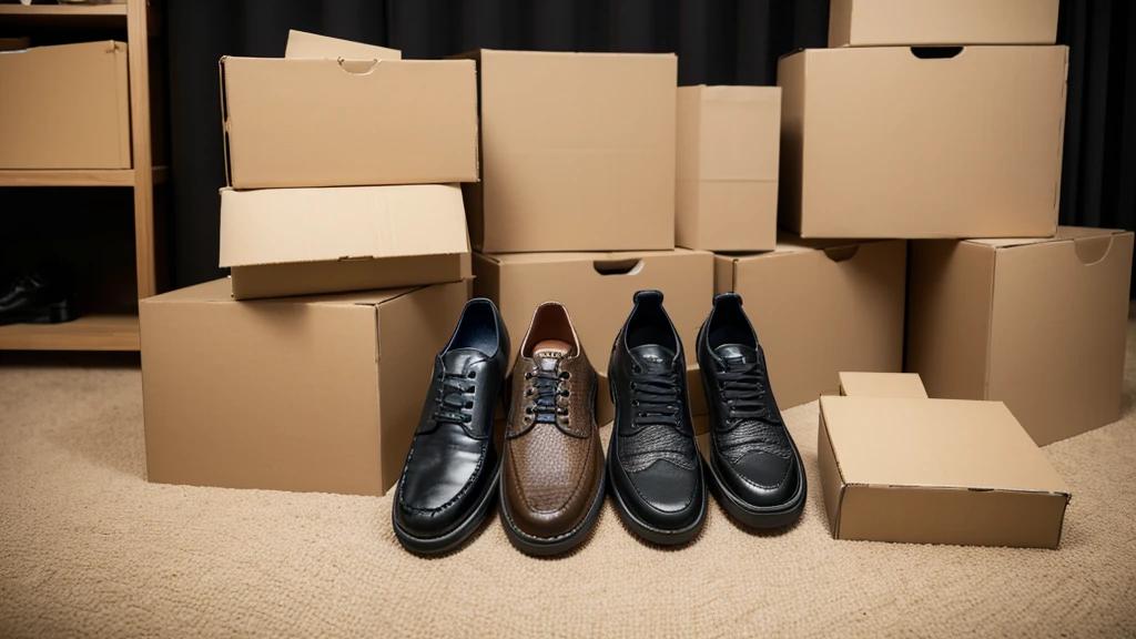 Three layers of empty shoe boxes stacked,The shape of the hill,Heap head,Two pairs of shoes on top of the shoe box,A pair of men's shoes,A pair of women's shoes,Only items,No characters,Intricate details