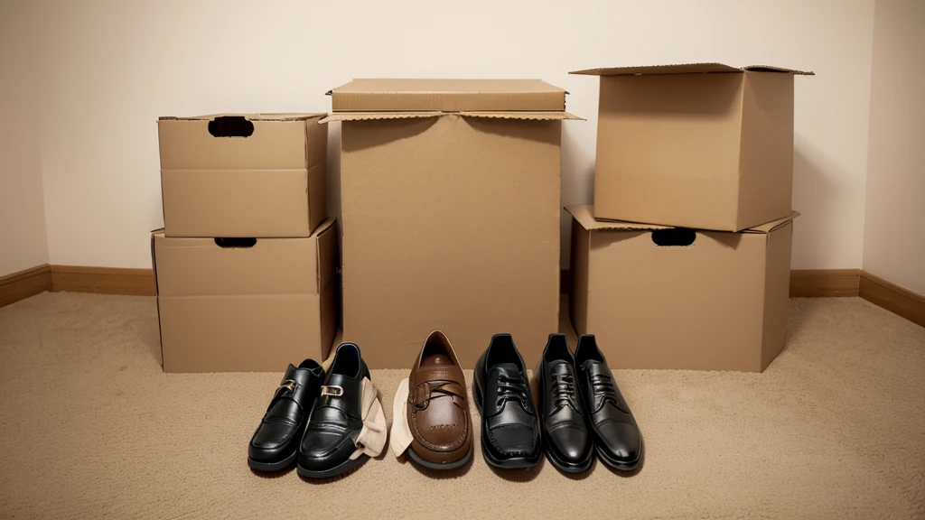 Three layers of empty shoe boxes stacked,The shape of the hill,Heap head,Two pairs of shoes on top of the shoe box,A pair of men's shoes,A pair of women's shoes,Only items,No characters,Intricate details