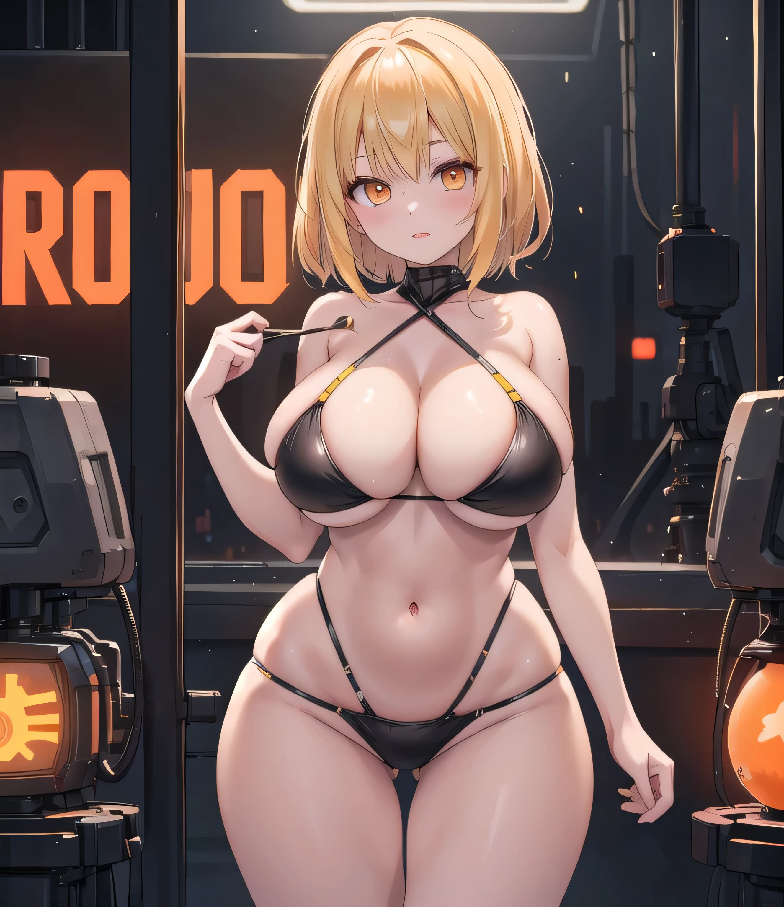 Bladerunner 2049, hot girl, bikini, huge breasts, hourglass figure, blonde, orange eyes