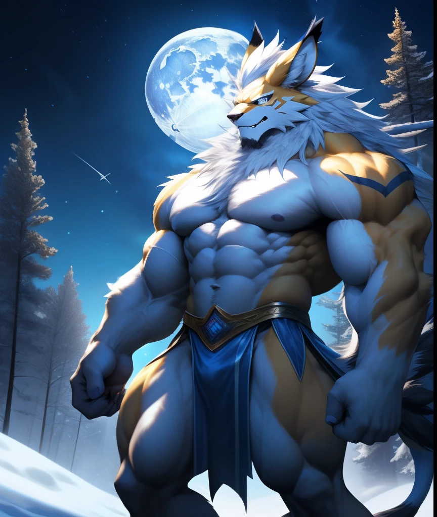 nj5furry, ( albino, Leomon, massive, huge), albino Leomon, ((extremely realistic shadows, masterpiece, extremely detailed, photorealistic)), kemono, silver mane, Leomon albino, ((detailed face)) nose, blue eyes, ((detailed eyes)), white skin, white fur, white hair, height 3 meters high, the optimal height, tight clothing, body full of muscles; muscle and bulge pecs, ripped abs, V-shaped body, thick waist, long legs, strong arms manly, handsome face, attractive cool calm face type with a cold smile, topless. Snow forest, night, moon, moon rays, nebula; he wears a blue and white cloth loincloth revealing huge muscular thighs.