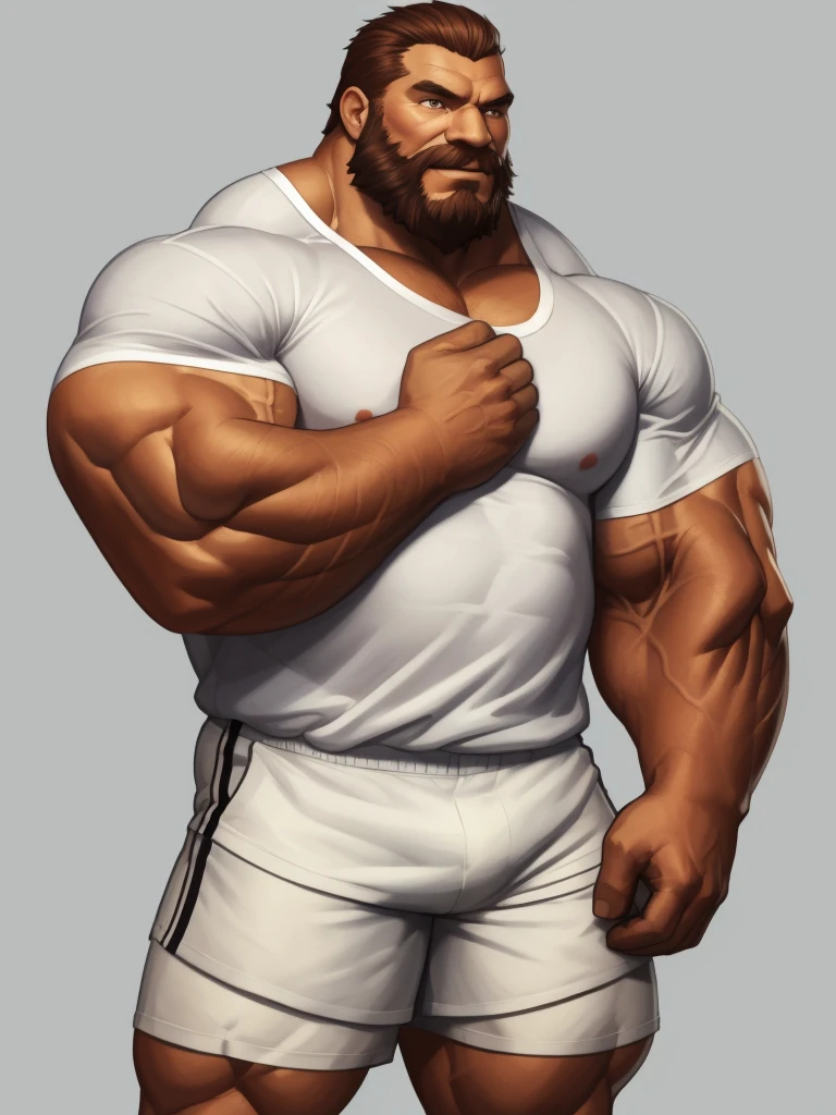 solo, 1boy, perfect anatomy, perfect proportion. Huge Muscular Old man wearing ,(white shorts and white shirts:1.2), view from side, pectoral, thick arms, huge pectoral, short hair, red beard and hair, simple background, masterpiece, semirealistic:1.2, high detailed, 8k, high resolution, perfect center, full view.