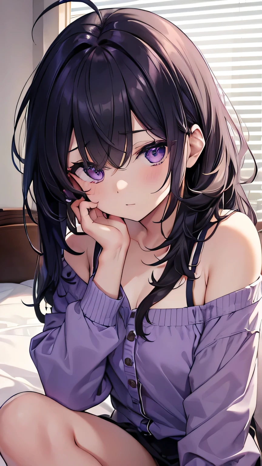 ((masterpiece)), accurate, high details, (detailed eyes), best quality, highres, super detail, Wearing Purple nightgownJust woke up, rubbing my eyes, morning sunlight, Sit on the bed, black hair, ahoge, messy hair, hair over shoulder, sidelocks, diagonal bangs