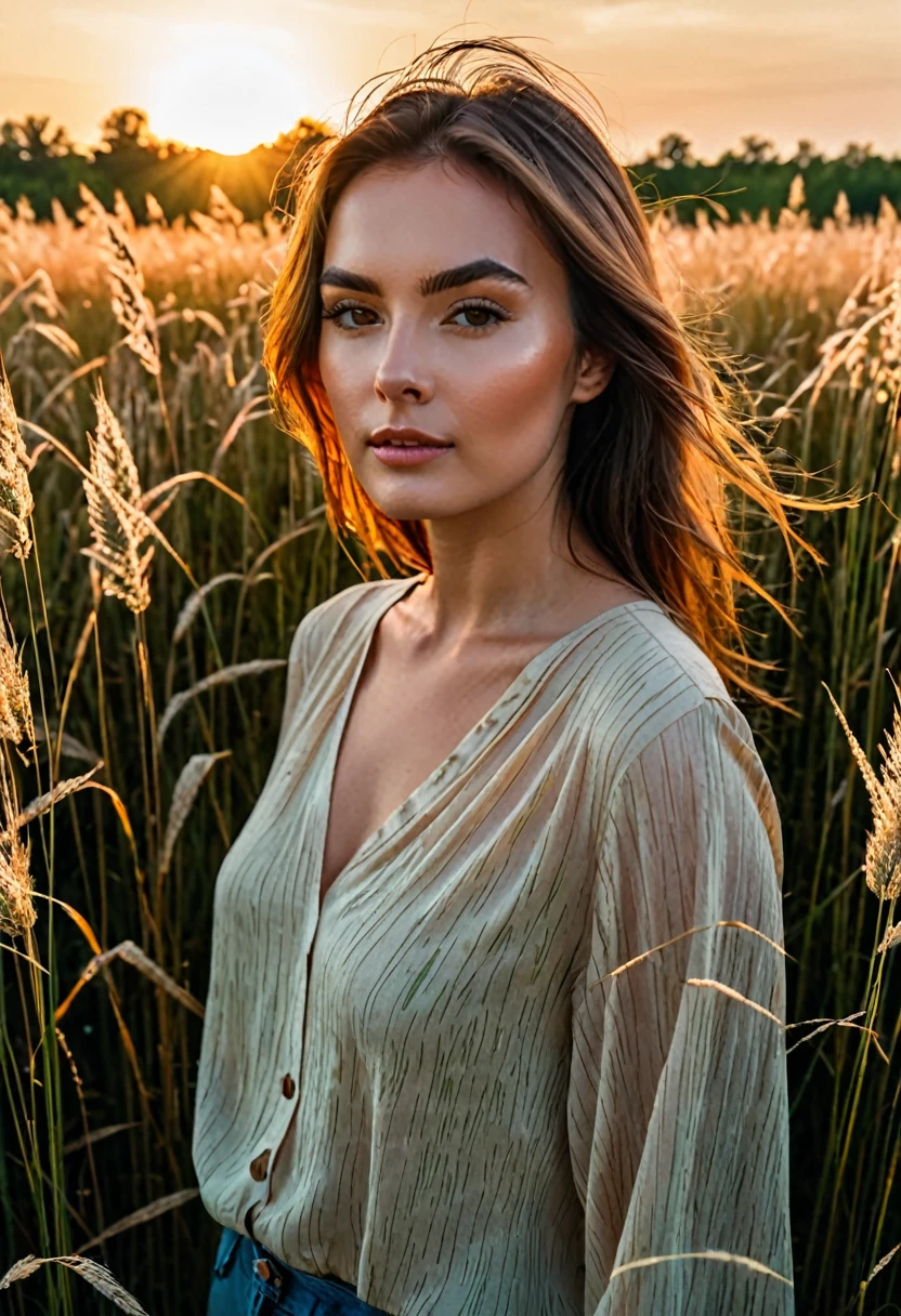 a woman standing in a field of tall grass with the sun setting, gorgeous woman, cinematic beautiful natural skin, attractive woman, attractive girl, photo of a beautiful woman, gorgeous attractive face, extremely beautiful face, in a field, beautiful female model, portrait of a beautiful model, soft portrait shot 8 k, beautiful delicate face, a beautiful young woman, attractive beautiful face
