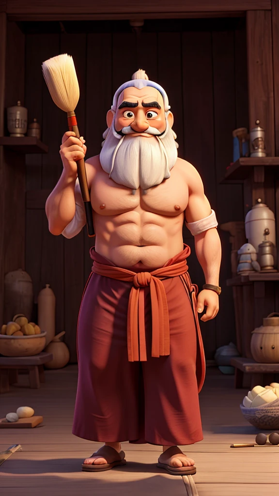 Bodhidharma is holding a roller and a brush