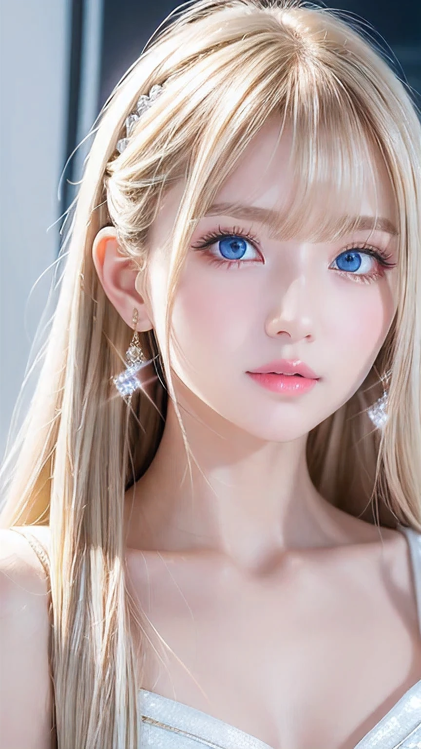 Portrait、、Bright expression、ponytail、Young, lustrous, glowing, white skin、Cheek highlight、The best beauty、Clear, silky blonde hair with dazzling highlights、Shiny bright hair,、Super long silky straight hair、Shiny beautiful bangs、Big bright blue eyes like sparkling jewels、Very beautiful lovely cute  girl、Ample Bust