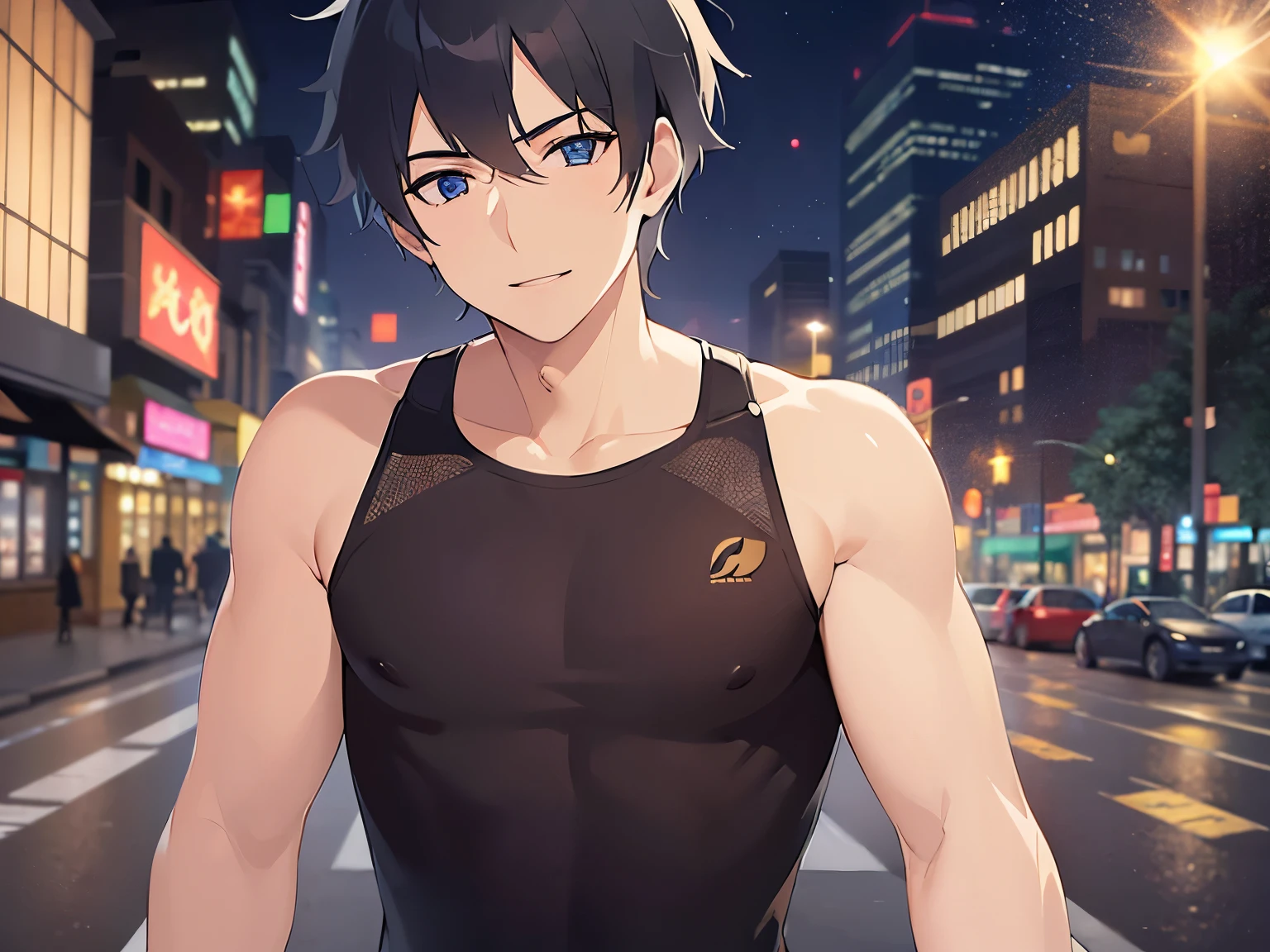 Detailed CG,Ultra-fine illustrations,masterpiece,Highest quality,Shiny skin,BREAK(26-year-old male:1.5)BREAK,(Black Short Hair),(blue eyes),(Black tank top),(A light smile:1.2),The background is a midnight park,Street lamp,Alone,Photographed from the front