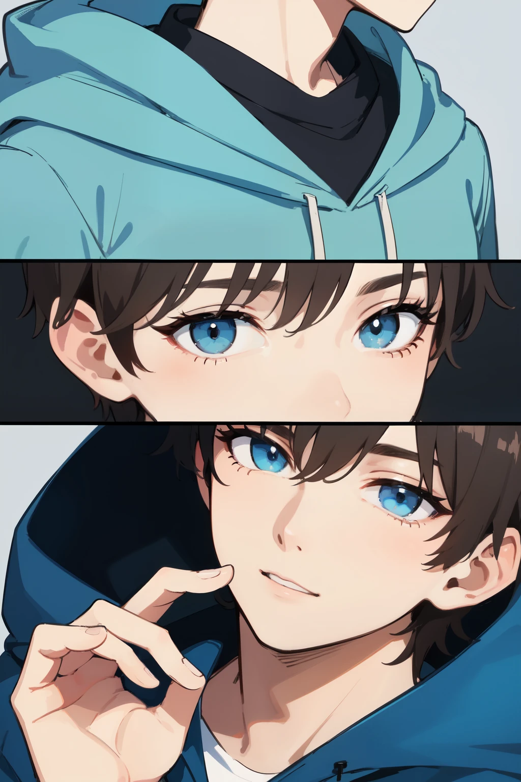 ((Highest quality)), ((masterpiece)), (detailed), One Boy,Wearing a light blue hood,Close-up images,