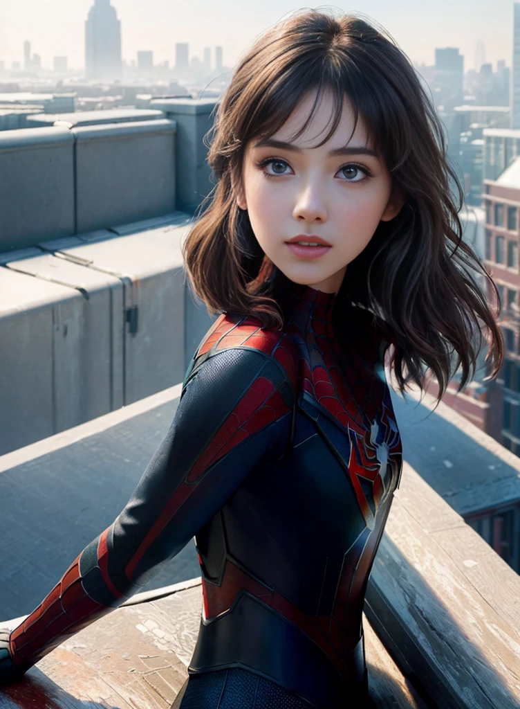(1girl:1.3), Solo, (((Very detailed face)))), ((Very detailed eyes and face)))), Beautiful detail eyes, Body parts__, Official art, Unified 8k wallpaper, Super detailed, beautiful and beautiful, beautiful, masterpiece, best quality, original, masterpiece, super fine photo, best quality, super high resolution, realistic realism, sunlight, full body portrait, amazing beauty, dynamic pose, delicate face, vibrant eyes, (from the front), She wears Spider-Man suit, red and black color scheme, spider, very detailed city roof background, rooftop, overlooking the city, detailed face, detailed complex busy background, messy, gorgeous, milky white, highly detailed skin, realistic skin details, visible pores, clear focus, volumetric fog, 8k uhd, DSLR, high quality, film grain, fair skin, photo realism, lomography, futuristic dystopian megalopolis, translucent