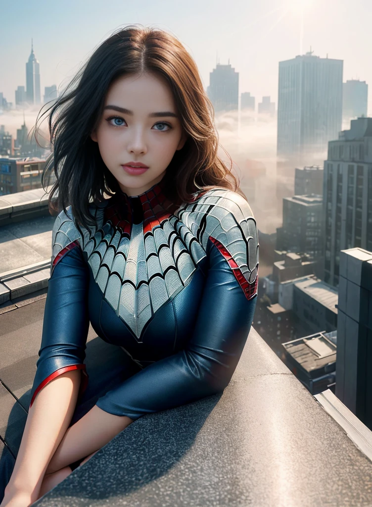 (1girl:1.3), Solo, (((Very detailed face)))), ((Very detailed eyes and face)))), Beautiful detail eyes, Body parts__, Official art, Unified 8k wallpaper, Super detailed, beautiful and beautiful, beautiful, masterpiece, best quality, original, masterpiece, super fine photo, best quality, super high resolution, realistic realism, sunlight, full body portrait, amazing beauty, dynamic pose, delicate face, vibrant eyes, (from the front), She wears Spider-Man suit, red and black color scheme, spider, very detailed city roof background, rooftop, overlooking the city, detailed face, detailed complex busy background, messy, gorgeous, milky white, highly detailed skin, realistic skin details, visible pores, clear focus, volumetric fog, 8k uhd, DSLR, high quality, film grain, fair skin, photo realism, lomography, futuristic dystopian megalopolis, translucent