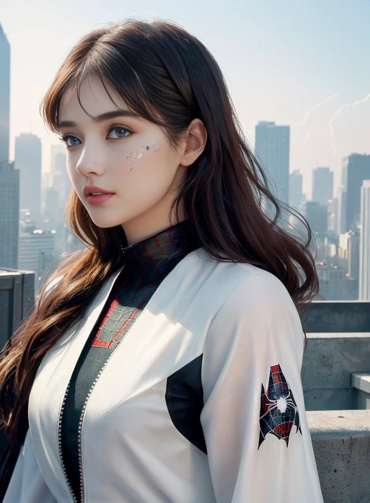 (1girl:1.3), Solo, (((Very detailed face)))), ((Very detailed eyes and face)))), Beautiful detail eyes, Body parts__, Official art, Unified 8k wallpaper, Super detailed, beautiful and beautiful, beautiful, masterpiece, best quality, original, masterpiece, super fine photo, best quality, super high resolution, realistic realism, sunlight, full body portrait, amazing beauty, dynamic pose, delicate face, vibrant eyes, (from the front), She wears Spider-Man suit, red and black color scheme, spider, very detailed city roof background, rooftop, overlooking the city, detailed face, detailed complex busy background, messy, gorgeous, milky white, highly detailed skin, realistic skin details, visible pores, clear focus, volumetric fog, 8k uhd, DSLR, high quality, film grain, fair skin, photo realism, lomography, futuristic dystopian megalopolis, translucent