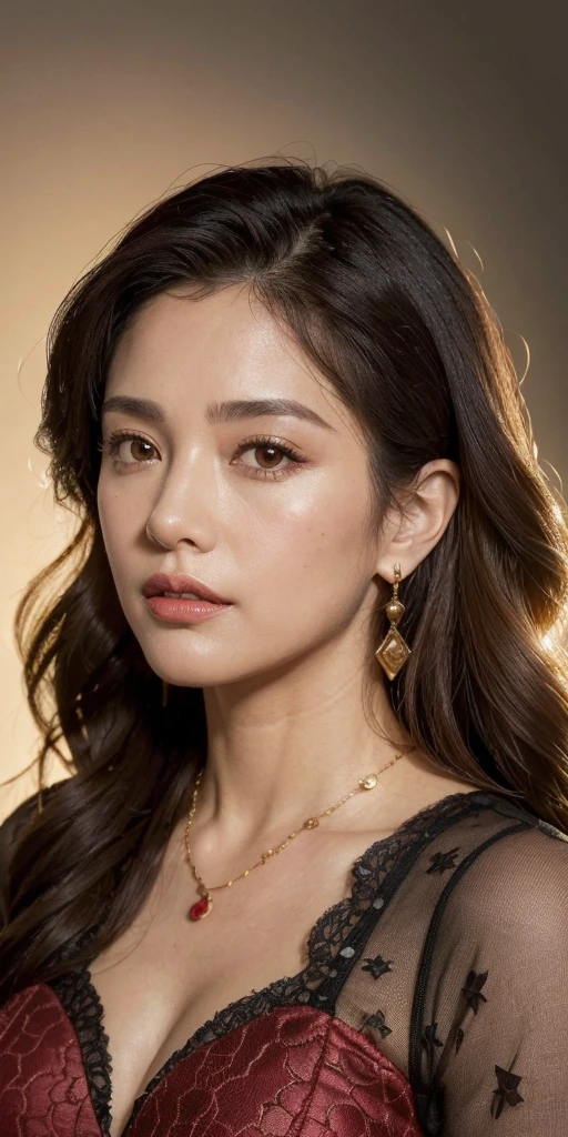 (extremely detailed CG unit 8k wallpaper, masterpiece, best quality, ultra-detailed), (best lighting, best shadow), 45 year old Spanish woman, mature, square face, wearing 1 red rose on necklace neck, wearing black lace dress with red, golden earrings, features like a maria padilla, (highly detailed skin: 1.2), medium brown loose hair with lights