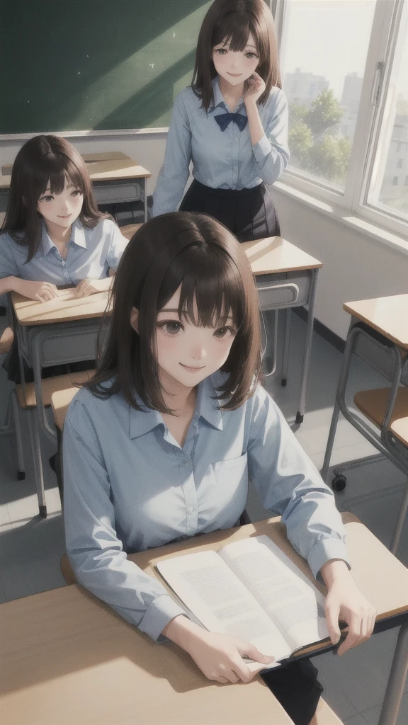 1 Woman Standing, Clothing of office workers, , Mature Woman, New teachers、/(Dark brown hair/) bangs, A light smile, (Masterpiece Top quality:1.2) Delicate illustrations, super detailed, Big Break /(Stand in the classroom/), View of the schoolyard from the window