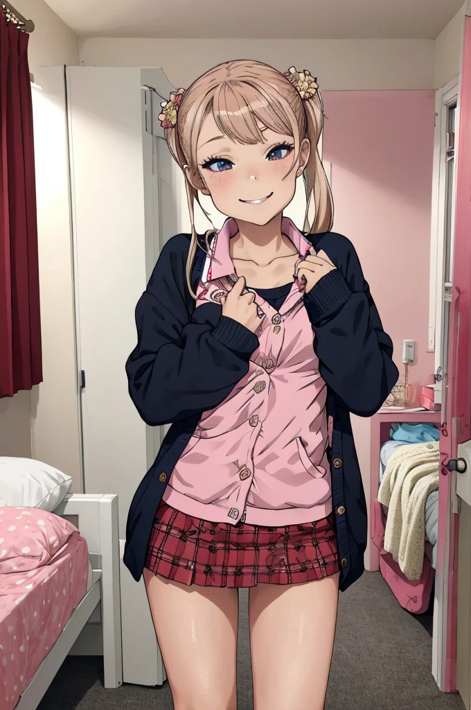 1girl,,,my room,,standing,uniform,cardigans,miniskirt,looking viewer,(smirk),(((Gyaru)))