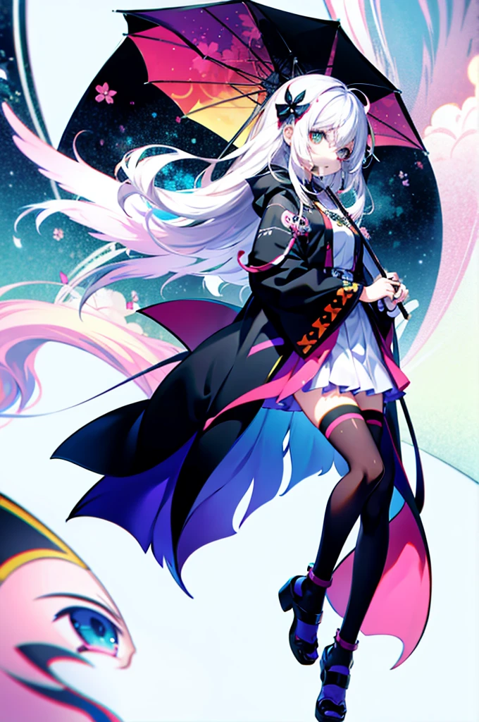 Anime girl with colorful wings and black umbrella，Long white hair, anime art wallpaper 4k, anime art wallpaper 4k, Anime Art Wallpapers 8K, Beautiful anime artwork, Anime Style 4K, anime abstract art, Beautiful anime art, Anime-style artwork, Beautiful anime art style, anime-style art, Anime Color, Anime illustration, Digital art on pixiv, Anime-style illustrations