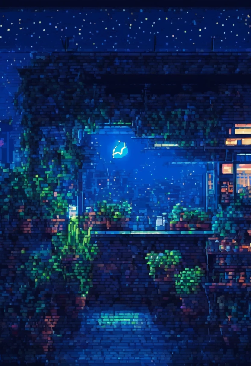 No humans, Outdoor, null, night, moon, plant, coffee shop, star (null), night null, scenery, city, sign, potted plant, Wide Shot, crescent moon, Neon Light, pixel art, pixel