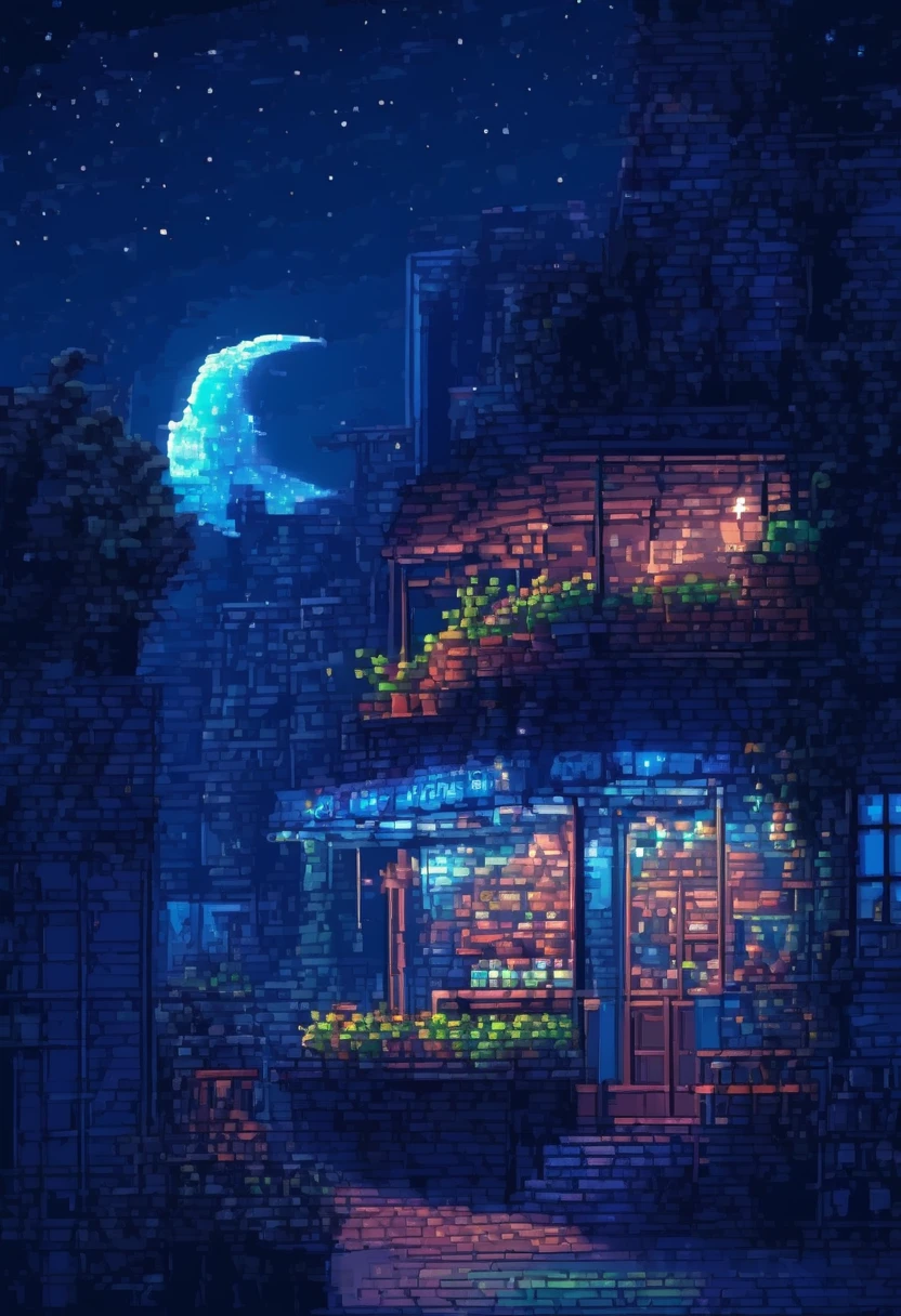 No humans, Outdoor, null, night, moon, plant, coffee shop, star (null), night null, scenery, city, sign, potted plant, Wide Shot, crescent moon, Neon Light, pixel art, pixel