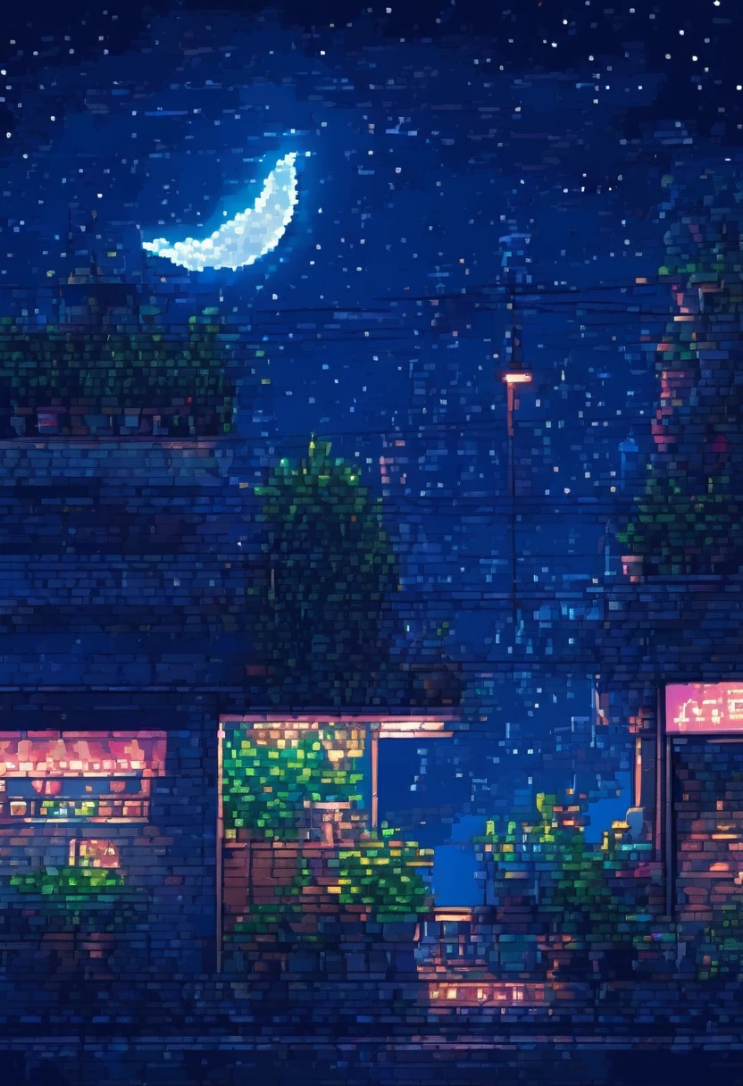 No humans, Outdoor, null, night, moon, plant, coffee shop, star (null), night null, scenery, city, sign, potted plant, Wide Shot, crescent moon, Neon Light, pixel art, pixel
