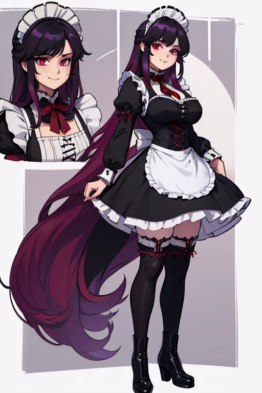 female, purple long hair, red eyes, (((1girl))), (((black Victorian maid uniform))), (black heeled boots), (white apron), white stockings), cute and sexy, full body, large breasts, long legs, smiling