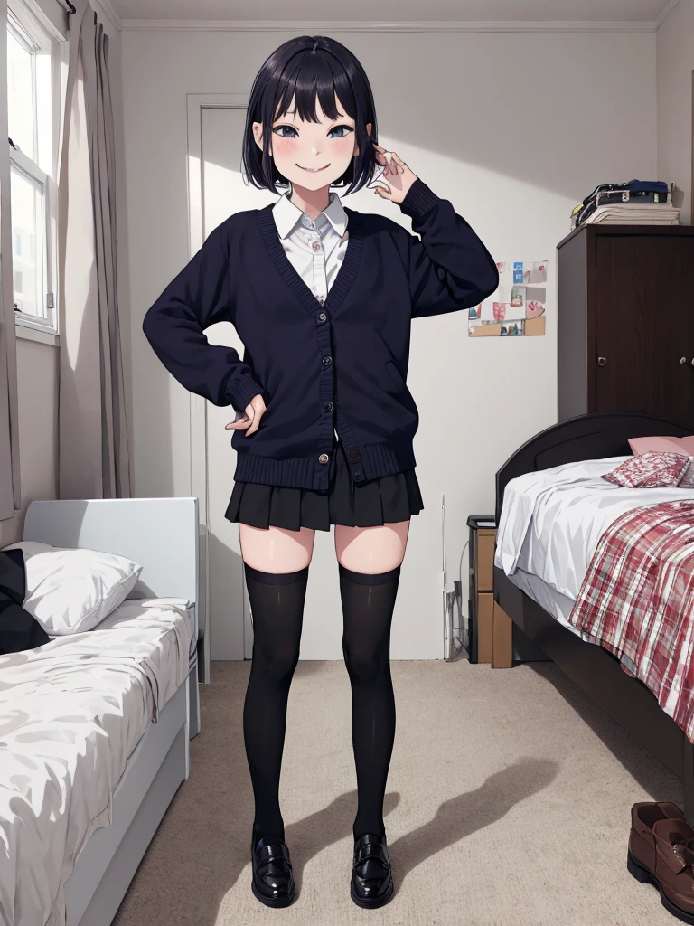 1girl,,,my room,,standing,uniform,cardigans,miniskirt,looking viewer,(smirk),thighhighs,shoes