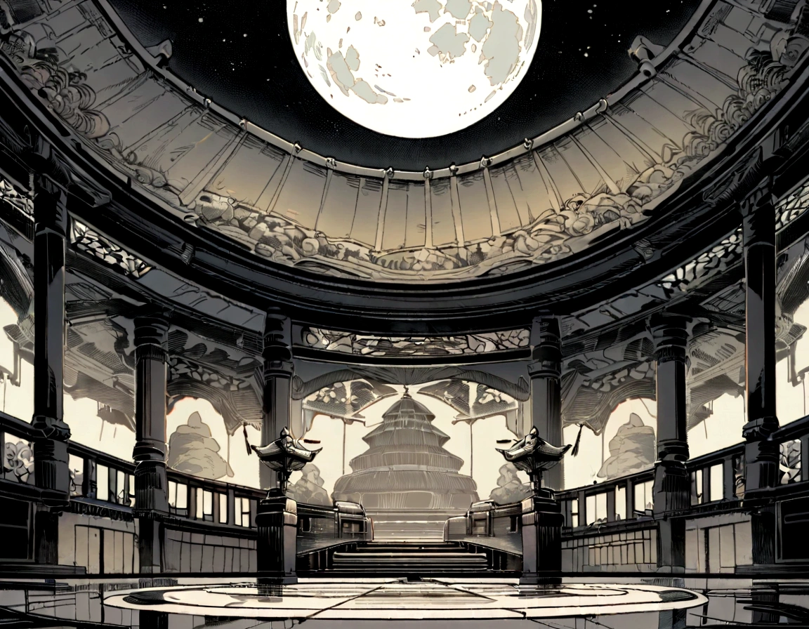 A huge moon，Below is a small ancient Chinese building，Illustration Art，Chinese ancient painting style，Song dynasty painting style，Retro Style，Beige tones，Floor plan，Zen，Super Fine，4k ultra high definition