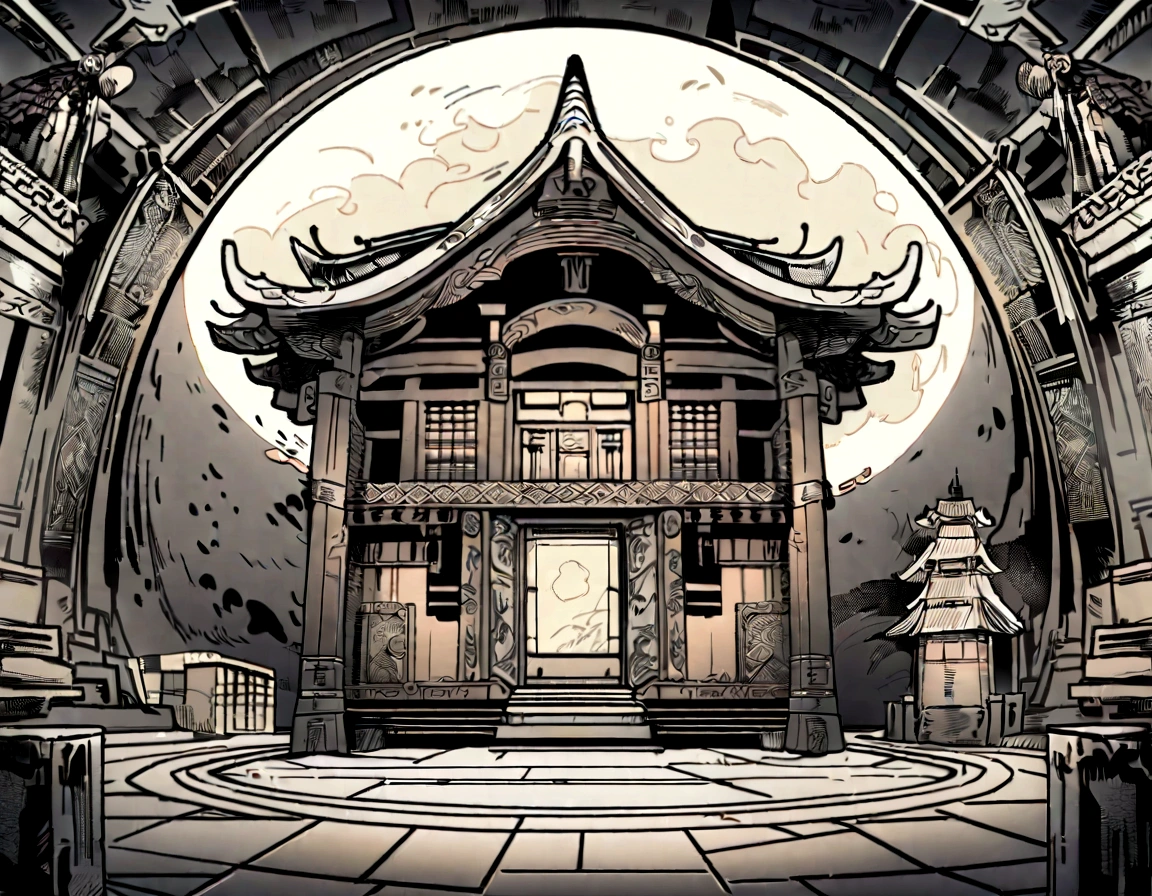 A huge moon，Below is a small ancient Chinese building，Illustration Art，Chinese ancient painting style，Song dynasty painting style，Retro Style，Beige tones，Floor plan，Zen，Super Fine，4k ultra high definition