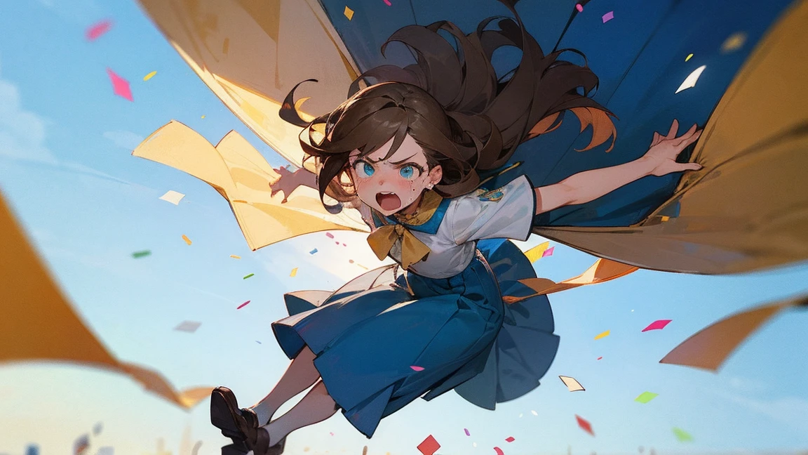 ((Highest quality)), ((masterpiece)), ((Very detailed)),Floating Girl,Angry expression，Confetti，Brown Hair,tears,Blue sky background,Feet in the air,tears,Long skirt,loafers,Raise both hands,falling girl,hold hands