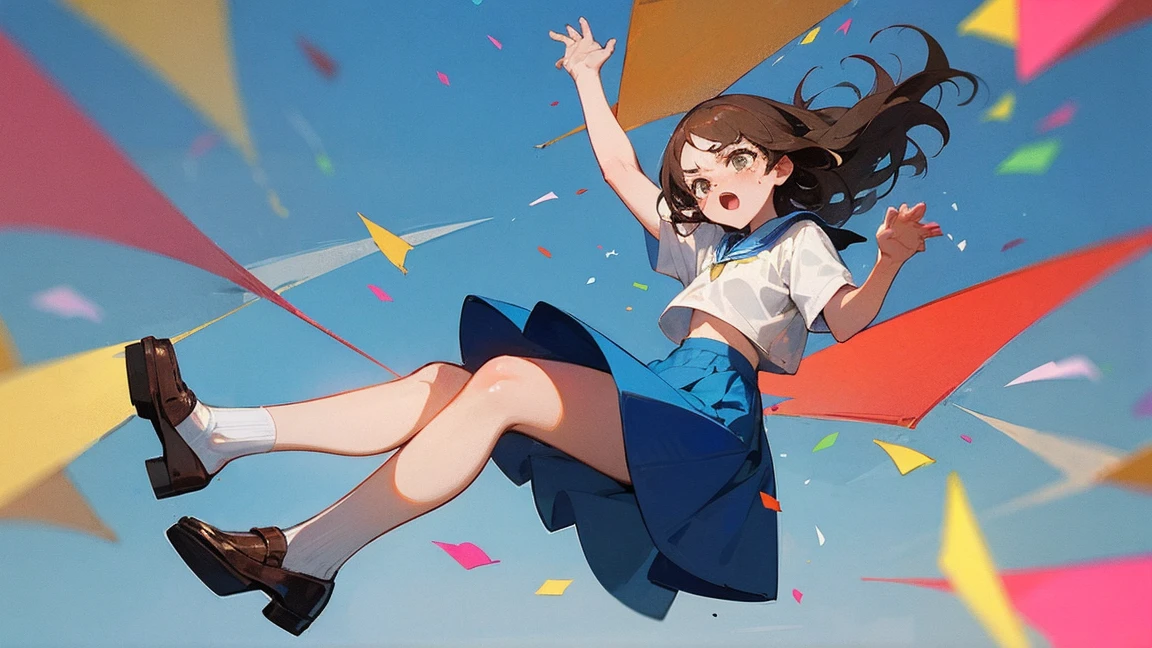 ((Highest quality)), ((masterpiece)), ((Very detailed)),Floating Girl,Angry expression,Confetti,Brown Hair,tears,Blue sky background,Feet in the air,tears,Long skirt,loafers,Raise both hands,falling girl,hold hands