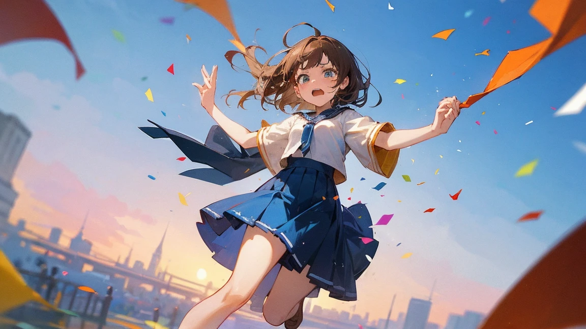 ((Highest quality)), ((masterpiece)), ((Very detailed)),Floating Girl,Angry expression，Confetti，Brown Hair,tears,Blue sky background,Feet in the air,tears,Long skirt,loafers,Raise both hands,falling girl,hold hands