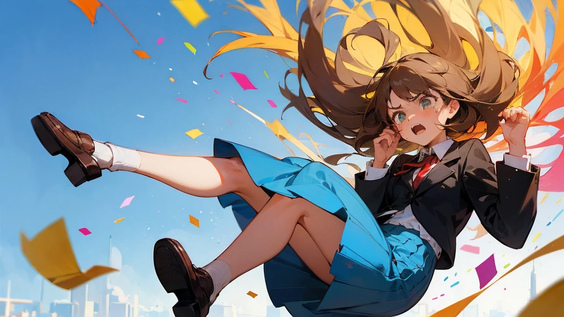 ((Highest quality)), ((masterpiece)), ((Very detailed)),Floating Girl,Angry expression，Confetti，Brown Hair,tears,Blue sky background,Feet in the air,tears,Long skirt,loafers,Raise both hands,falling girl,hold hands