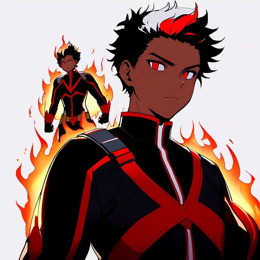 Black ager using fire powers in black superhero costume with red lines