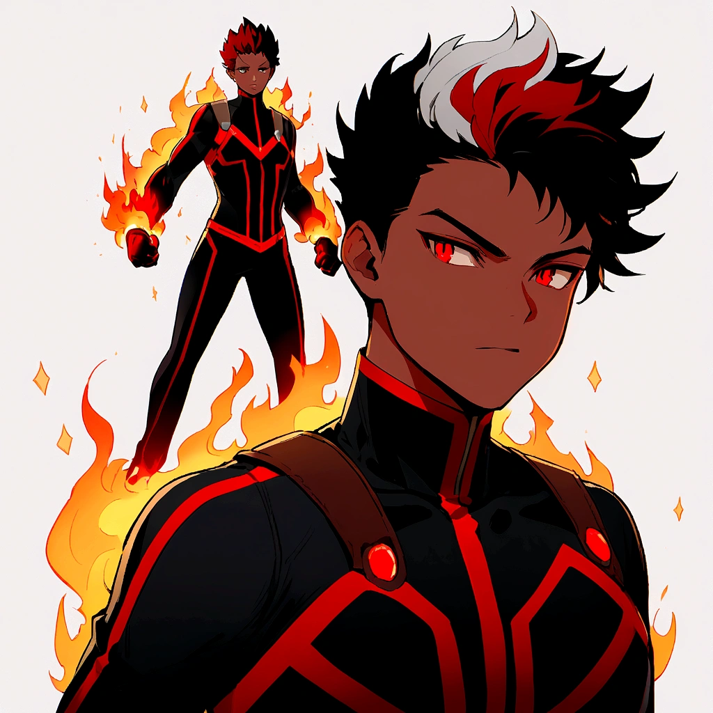 Black  using fire powers in black superhero costume with red lines
